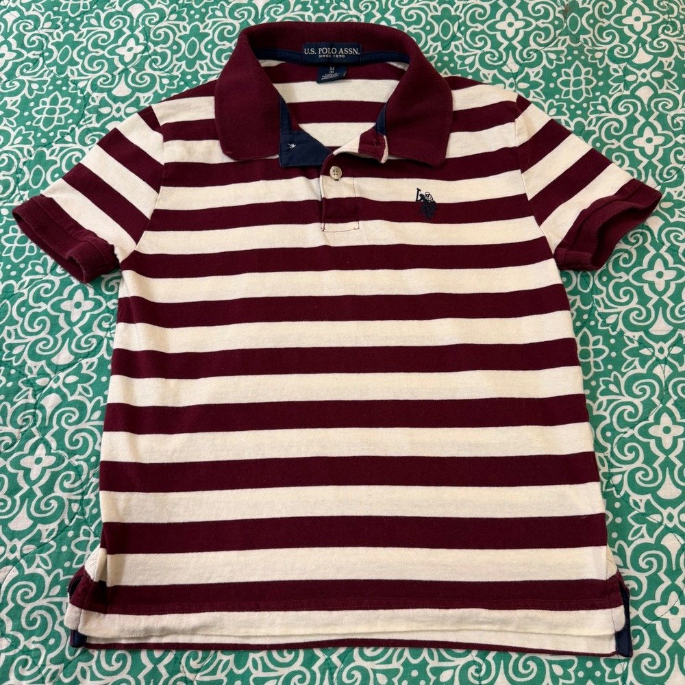 US Polo Assn Boys Maroon White Striped Short Sleeve Polo Shirt Size M 8 Cotton